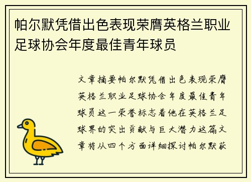 帕尔默凭借出色表现荣膺英格兰职业足球协会年度最佳青年球员