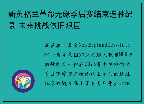 新英格兰革命无缘季后赛结束连胜纪录 未来挑战依旧艰巨 新英格兰革命无缘季后赛结束连胜纪录 未来挑战依旧艰巨